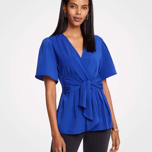 EUC Ann Taylor Wrap Top - Cobalt Blue Tie Waist - Size 14 - Picture 1 of 10